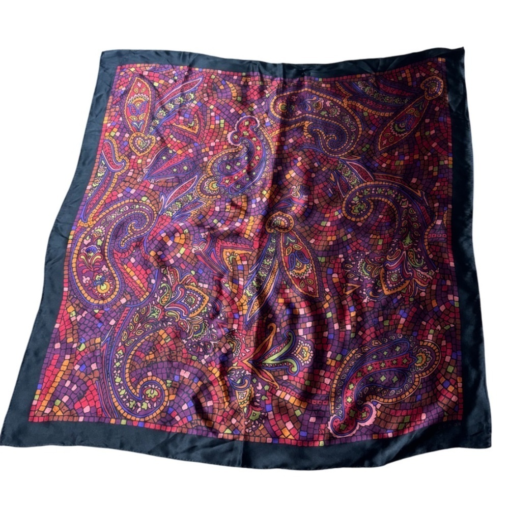Echo silk scarf with paisley print in jewel tones 34” x 34”